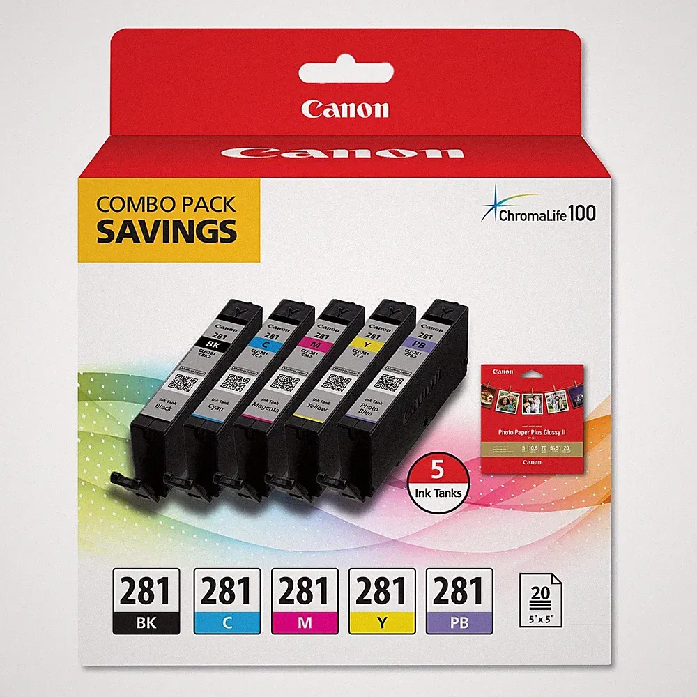 Canon Inkjet Printer Ink Combo Pack with 5 Dye Inks and 20 Sheets Photo Paper