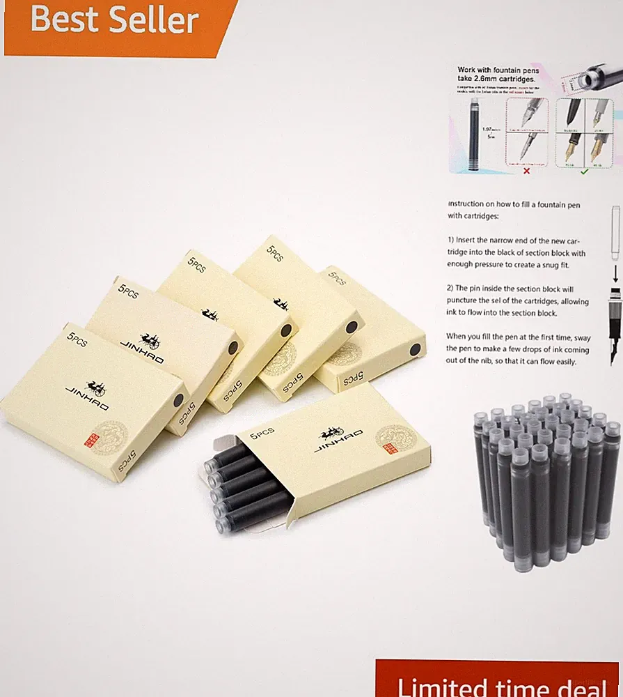 High-Quality Black Ink Cartridges for Fountain Pens - 30 Count, Smooth Writing