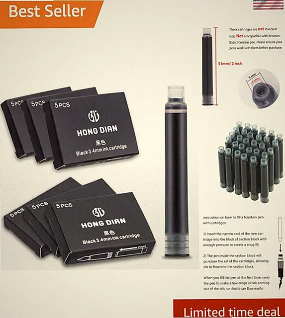 Quick Drying 30 Pack Black Ink Cartridges for Fountain Pens - Non-Toxic & Smooth